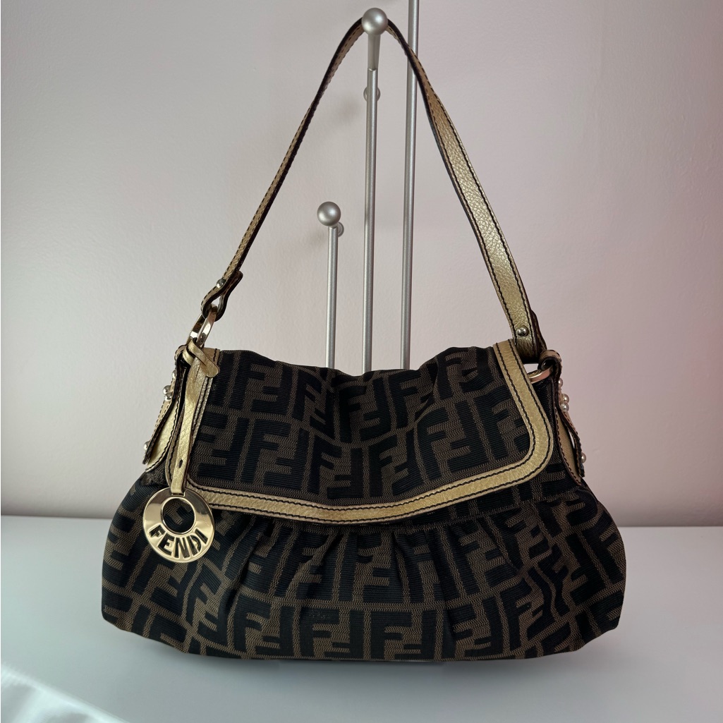 Fendi Chef Brown And Black Zucca Logo Shoulder Bag With Gold Charm